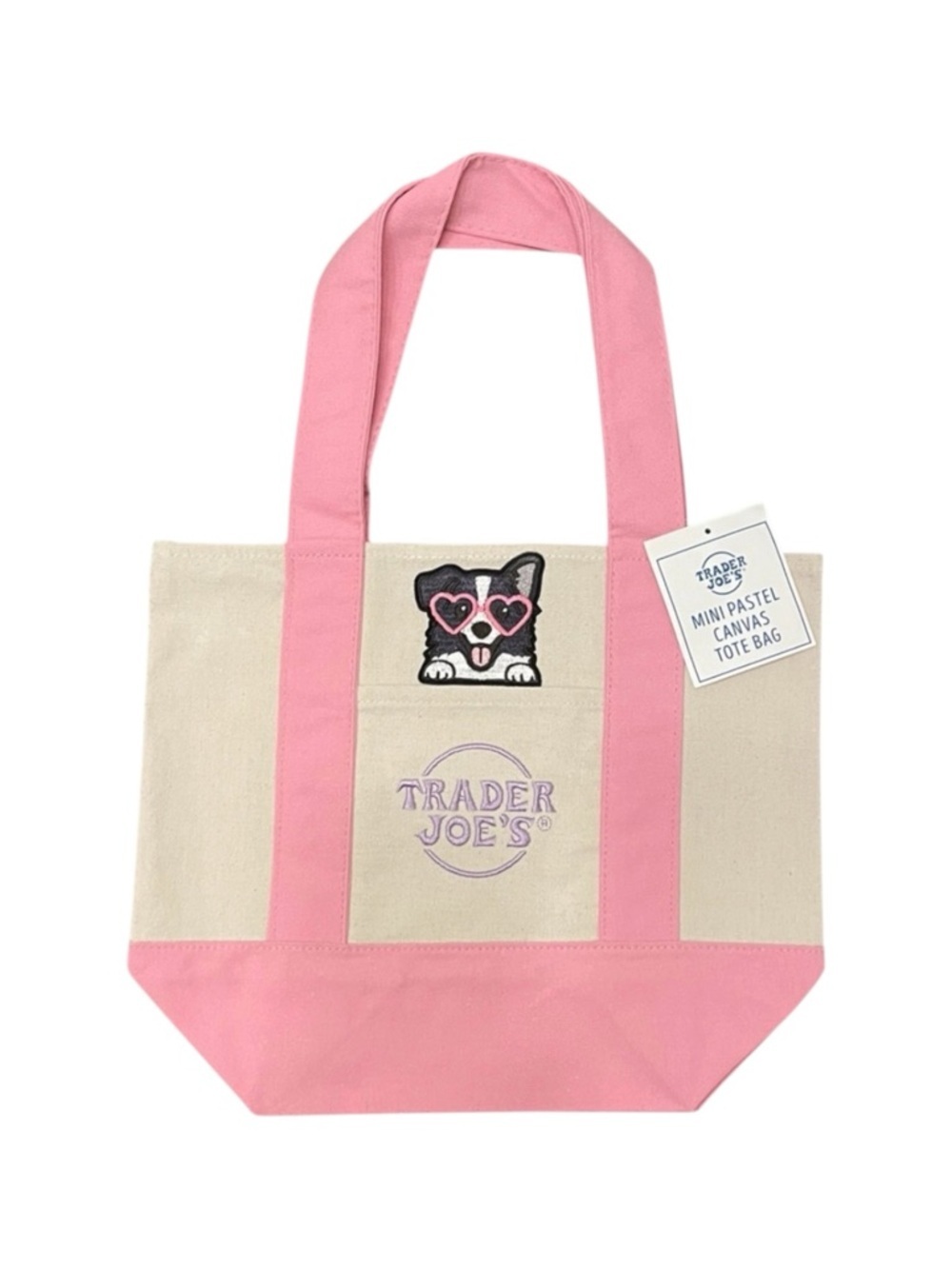 🐶Trader Joe's Mini Pastel Canvas Tote-Pink & Natural, One-Sided Cute Dog Design